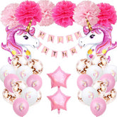Pink Unicorn Birthday Decorations For Girls, Happy Birthday Balloon Banner Aluminum Foil Latex