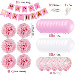 Pink Party Decorations Happy Birthday Confetti Balloons with Banner,Tissue Paper Pompoms and Pink Balloons