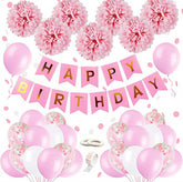 Pink Party Decorations Happy Birthday Confetti Balloons with Banner,Tissue Paper Pompoms and Pink Balloons