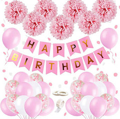 Pink Party Decorations Happy Birthday Confetti Balloons with Banner,Tissue Paper Pompoms and Pink Balloons