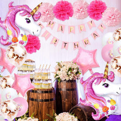 Pink Unicorn Birthday Decorations For Girls, Happy Birthday Balloon Banner Aluminum Foil Latex
