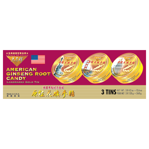 Prince of Peace American Ginseng Root Candy Gift Pack, 3x120g US Landmark Tins
