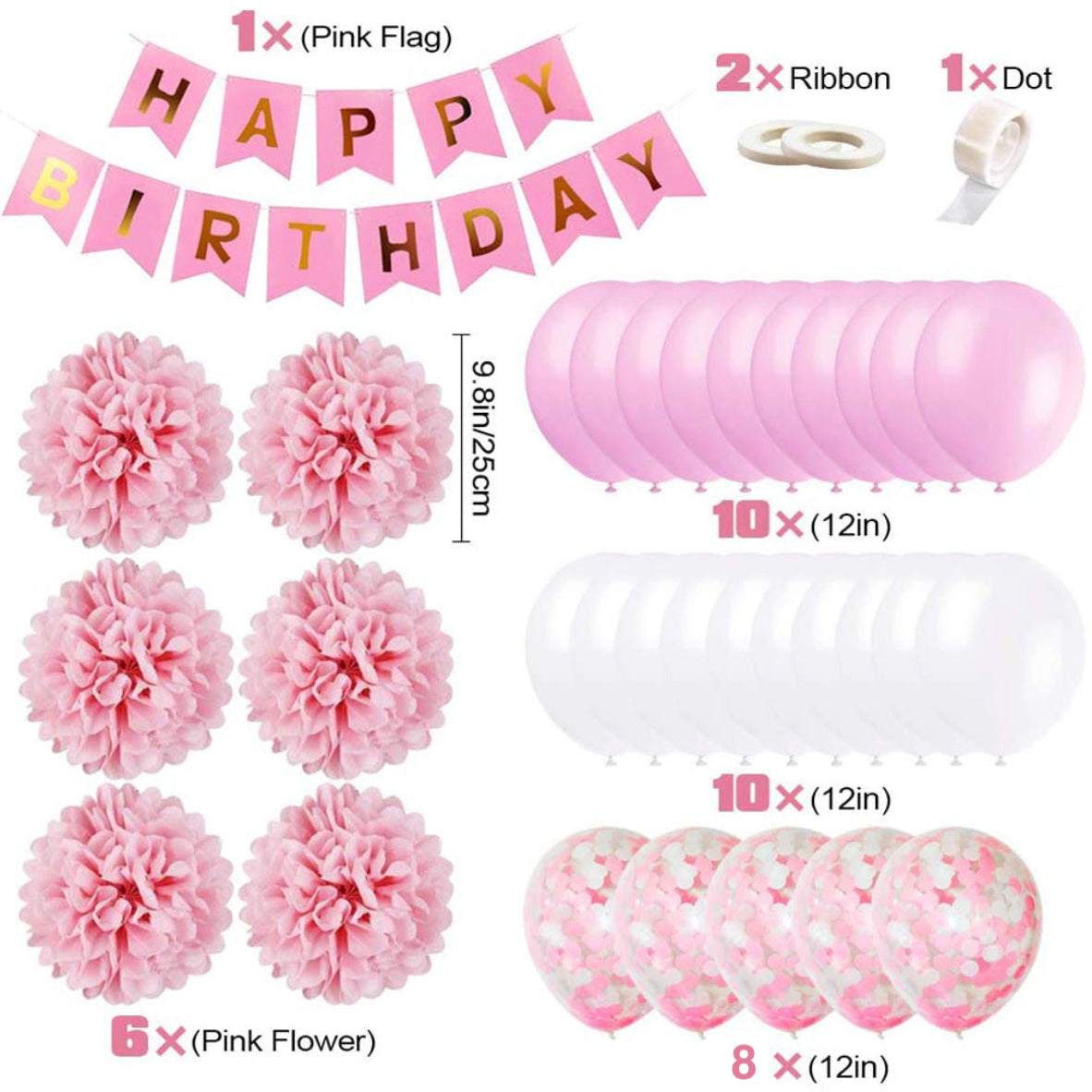 Pink Party Decorations Happy Birthday Confetti Balloons with Banner,Tissue Paper Pompoms and Pink Balloons