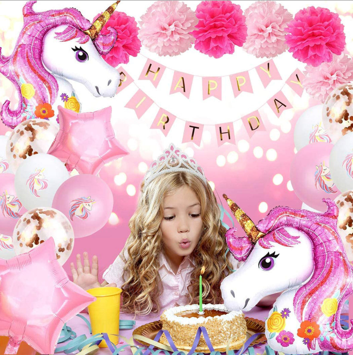 Pink Unicorn Birthday Decorations For Girls, Happy Birthday Balloon Banner Aluminum Foil Latex